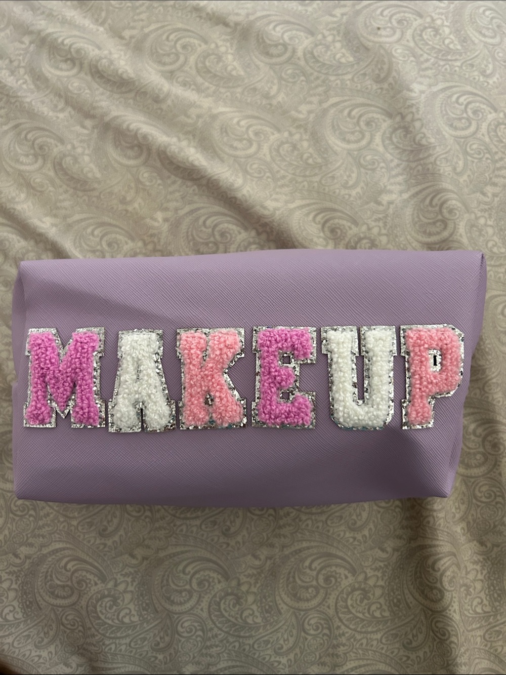 Women's Lavender Makeup Bag with Pink & White 'MAKEUP' Embroidery